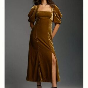 Anthropologie Gold Velvet Maxi Dress with Black Tie
